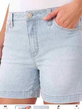 Seven7 Light Blue Pinstripe High Waist Women’s Shorts and solid fray hem denim